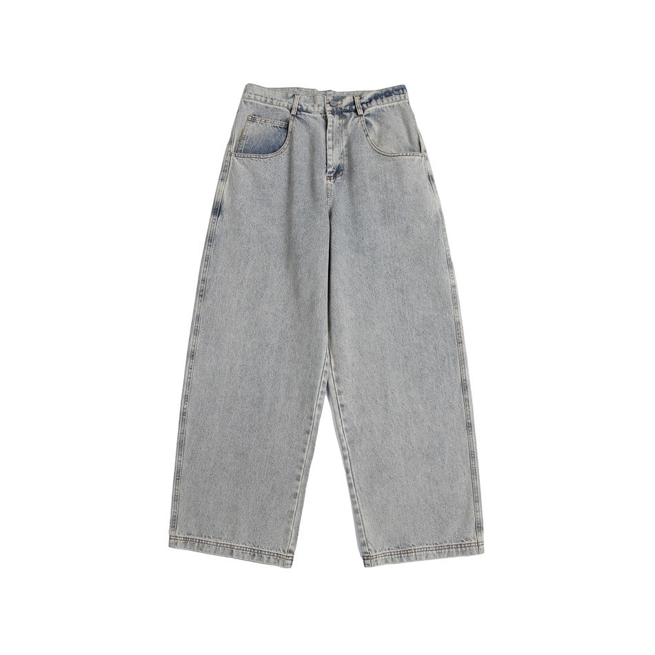 Light snowflake blue washed wide-leg jeans, front flat view with button fly and slanted front pockets