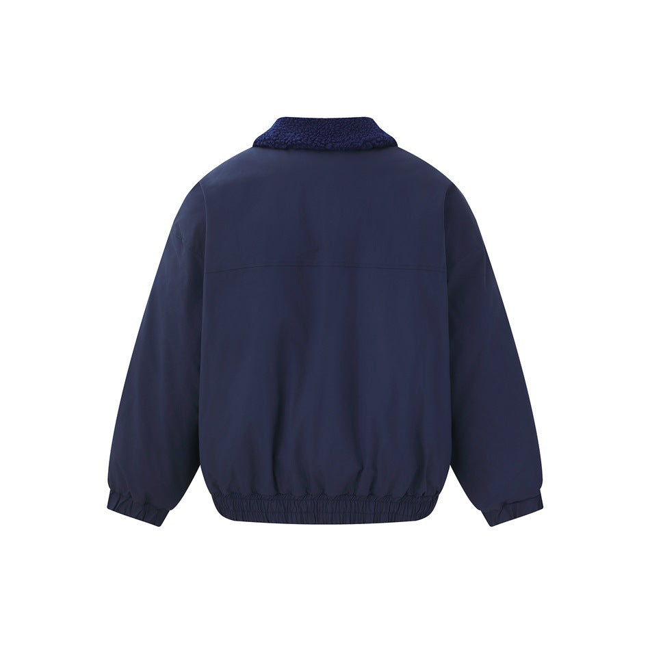 Back view of a navy jacket with a textured collar, long sleeves, and gathered cuffs and hem.