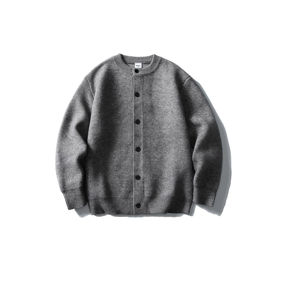 Gray knit button-front cardigan with black buttons and ribbed crew neck, flat lay front view