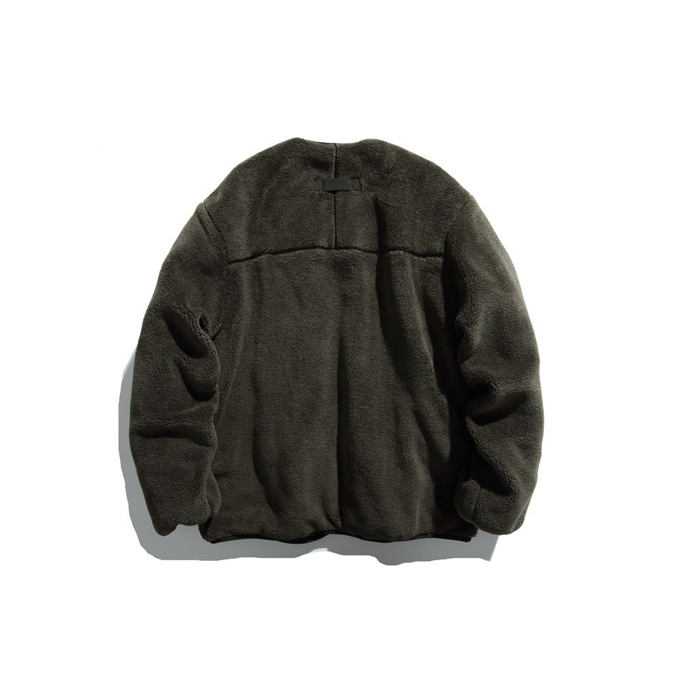 Army green fleece-like jacket back view with yoke seam and small tab at back neck