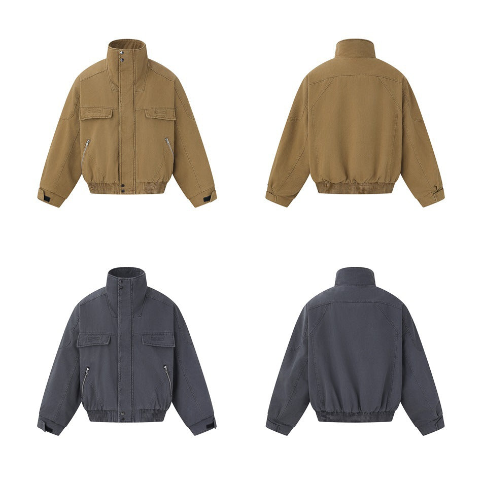 Front and back views of khaki and gray bomber jackets arranged in a grid on white background