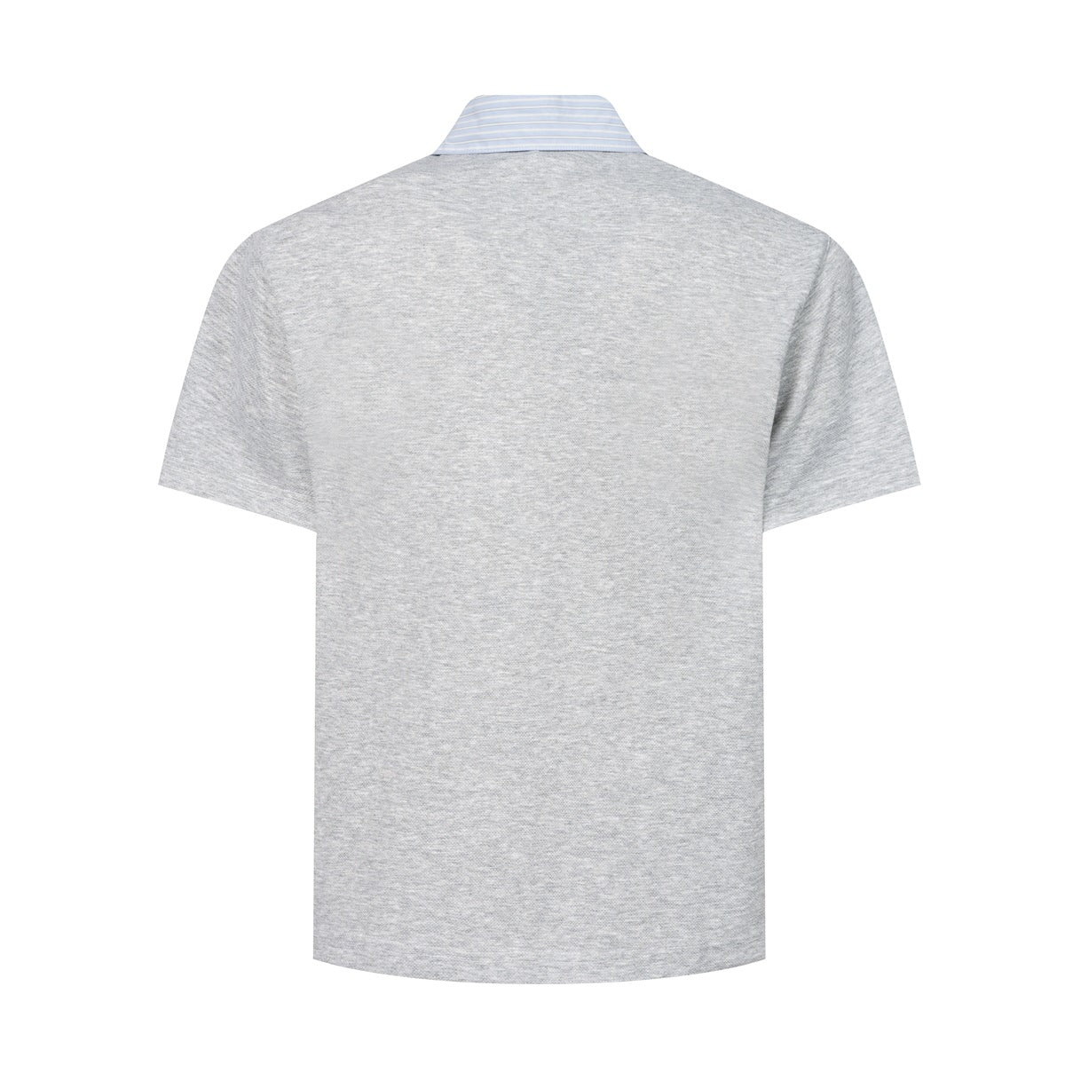 Back view of heather gray short-sleeve top with a light blue striped collar visible at the neck