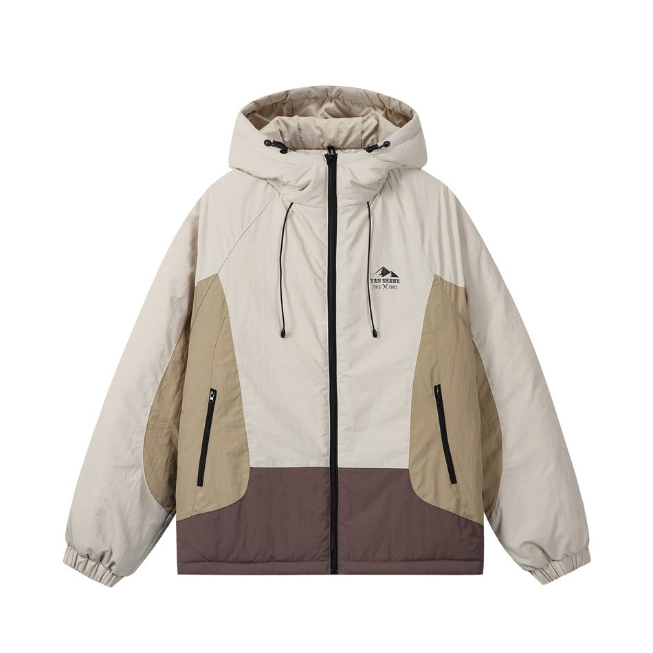 Beige hooded puffer jacket with khaki and brown color-block panels, front zipper and zippered pockets, flat lay front view