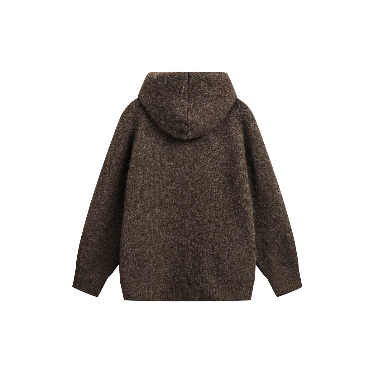 Back view of a brown hooded cardigan with long sleeves and a ribbed hem.