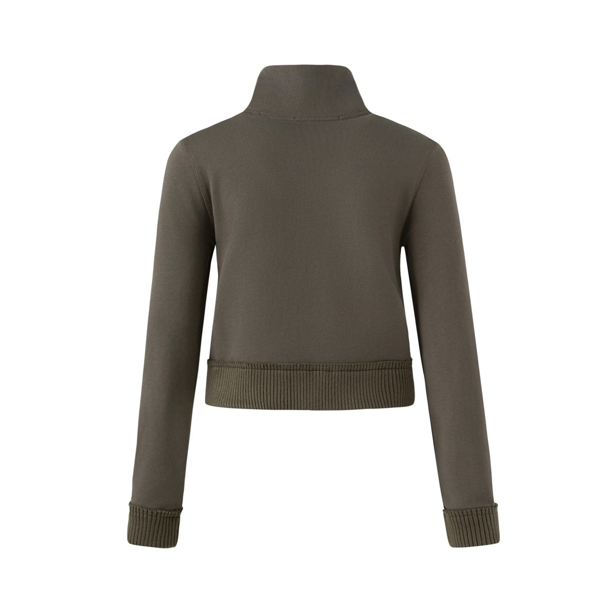 Back view of a taupe cropped jacket with a high stand collar, long sleeves, and ribbed hem and cuffs.