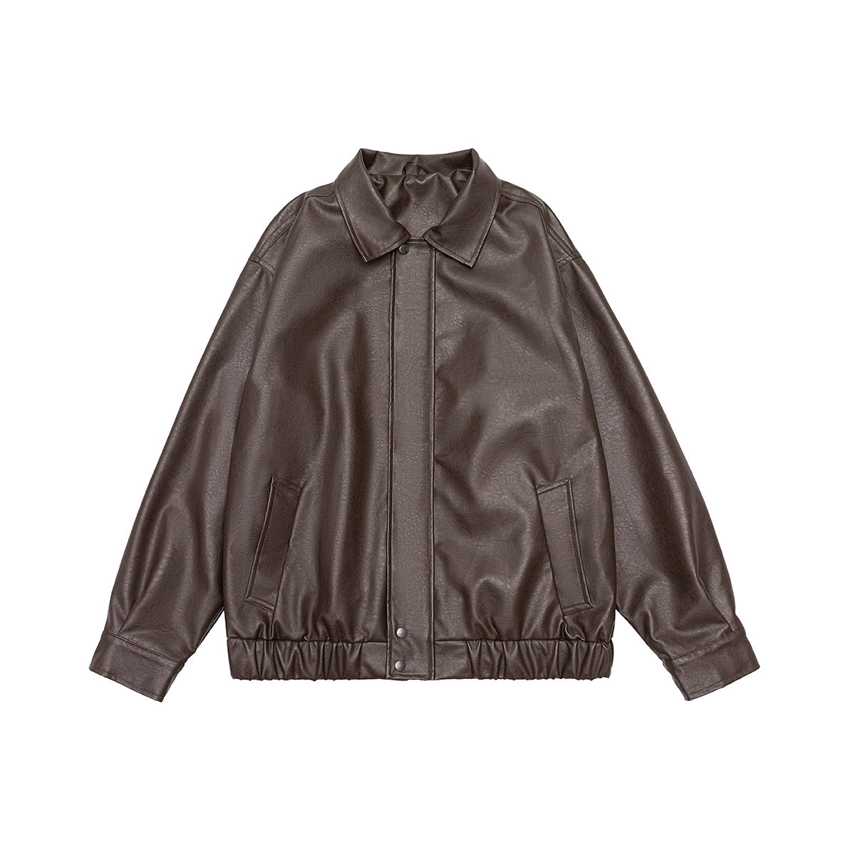 Brown faux-leather collared jacket with front snap placket, side pockets and elastic hem, flat front view