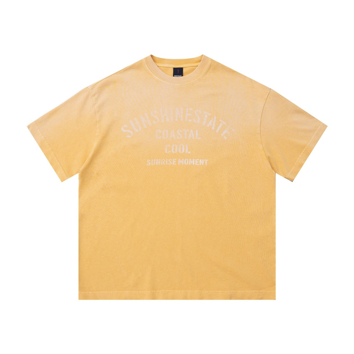 Yellow washed short-sleeve crew-neck T-shirt with faded white arched SUNSHINESTATE COASTAL COOL chest graphic, flat front