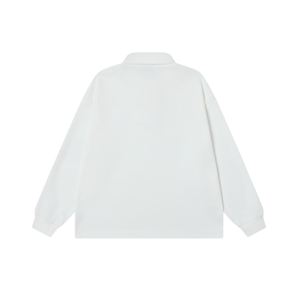Back view of a plain white long-sleeve polo sweatshirt with fold-over collar and ribbed cuffs