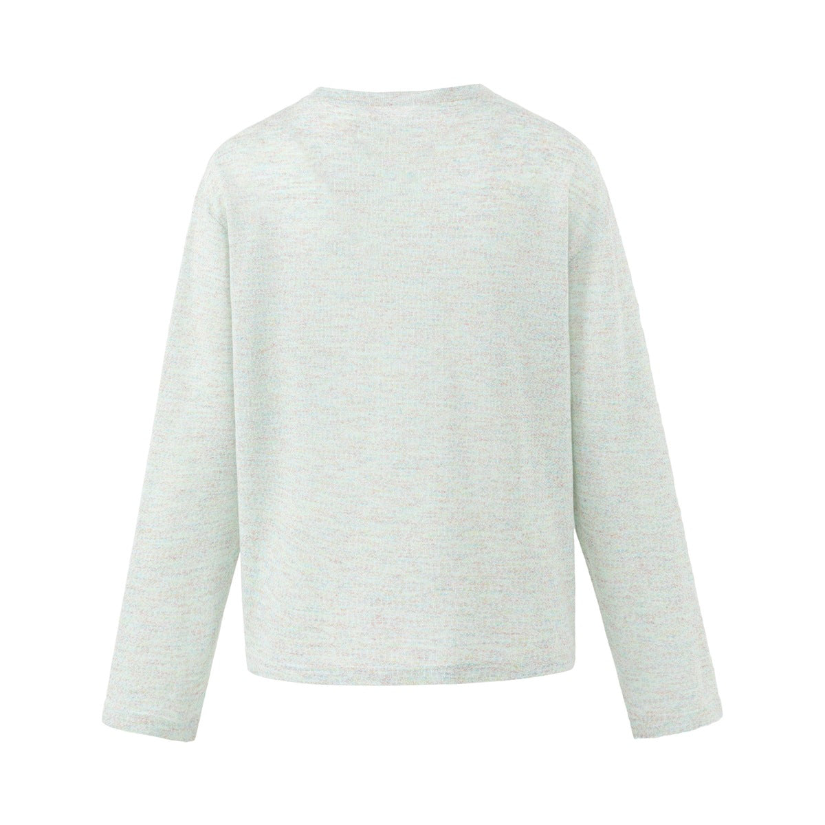 Back view of a light oatmeal cropped crewneck top with long sleeves and subtle multicolor flecks.