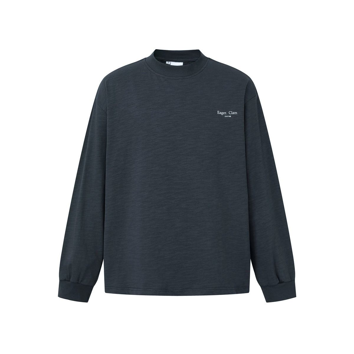Front view of a charcoal long-sleeve crew-neck shirt with small white “Eager. Clam COUTURE” chest lettering.
