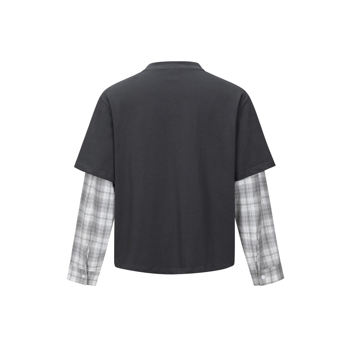 Back view of a charcoal short-sleeve T-shirt layered over gray plaid long sleeves.