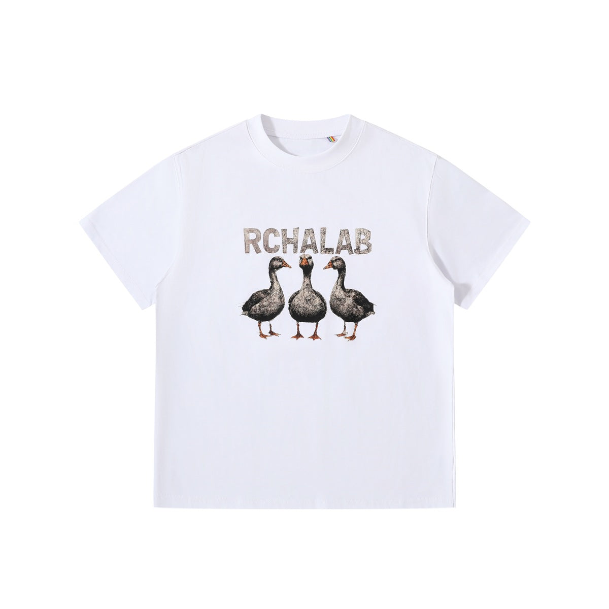White short-sleeve crew-neck T-shirt with three geese graphic and RCHALAB lettering, flat front view