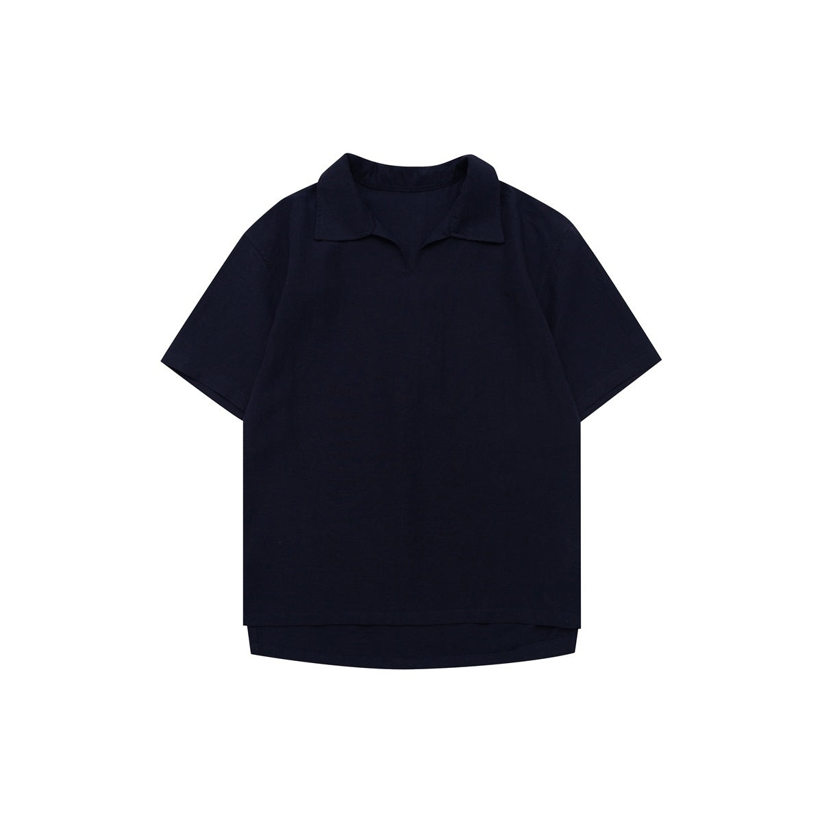 Dark navy short-sleeve collared shirt shown from the front against a white background.