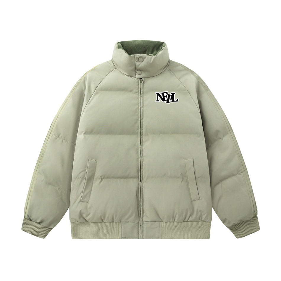Light green puffer jacket with stand collar, front zipper, ribbed cuffs and NEPL chest patch, flat front view