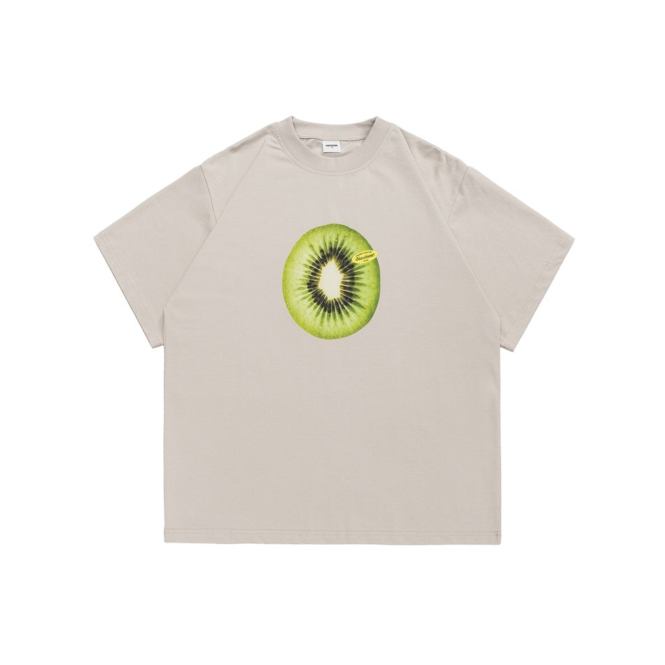 Front view of a beige short-sleeve crew-neck T-shirt with a green kiwi slice print on the chest.