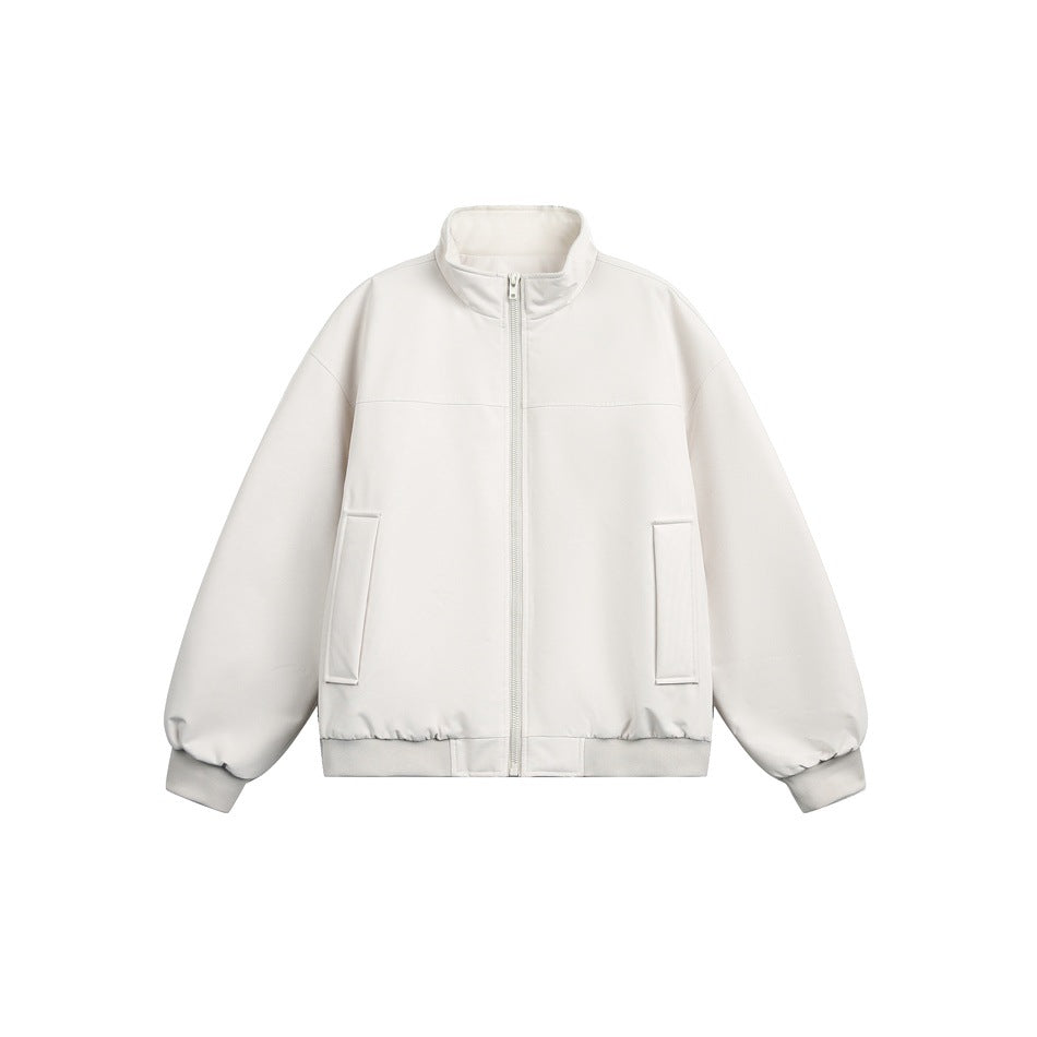 Off-white apricot stand-collar zip jacket with front pockets and ribbed cuffs and hem, flat front view