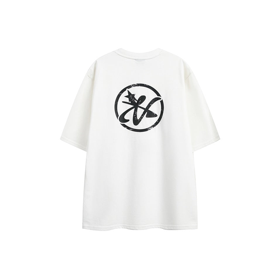 White short-sleeve T-shirt back view with black distressed circular star and script logo print