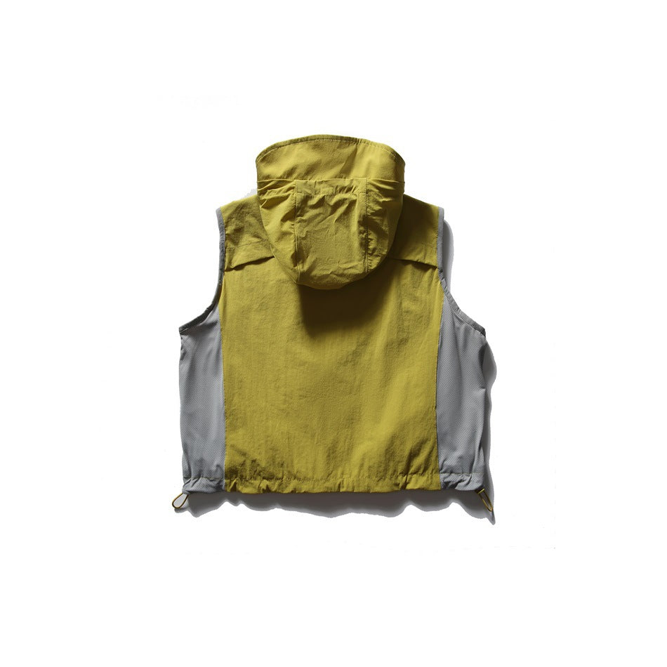 Back view of a mustard yellow-green sleeveless hooded vest with gray side panels and adjustable hem cords.