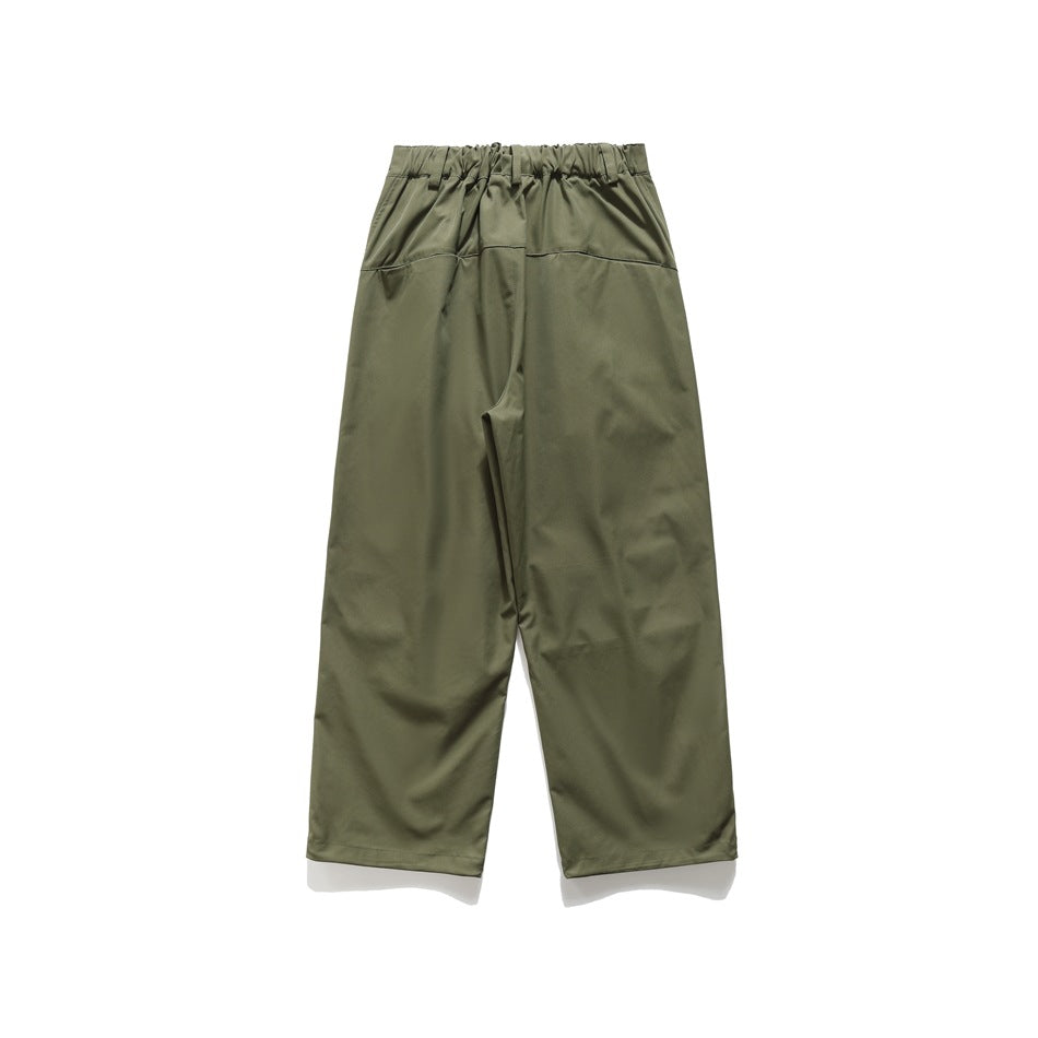 Back view of olive wide-leg pants with a gathered elastic waistband and plain legs.