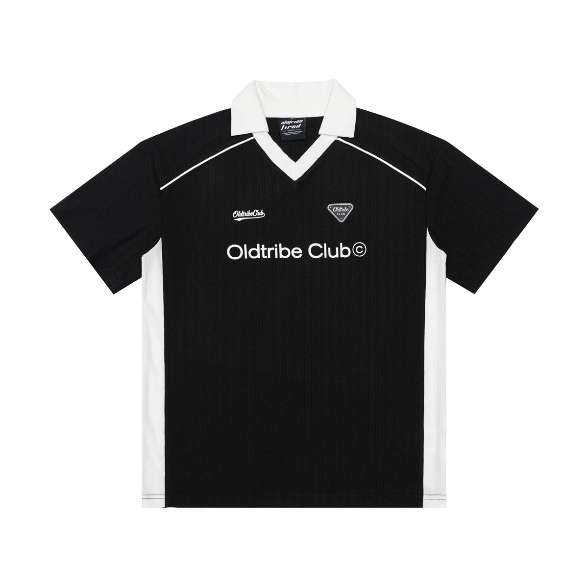 Black short-sleeve V-neck collared football-style top with white collar, side panels, piping and chest text graphic