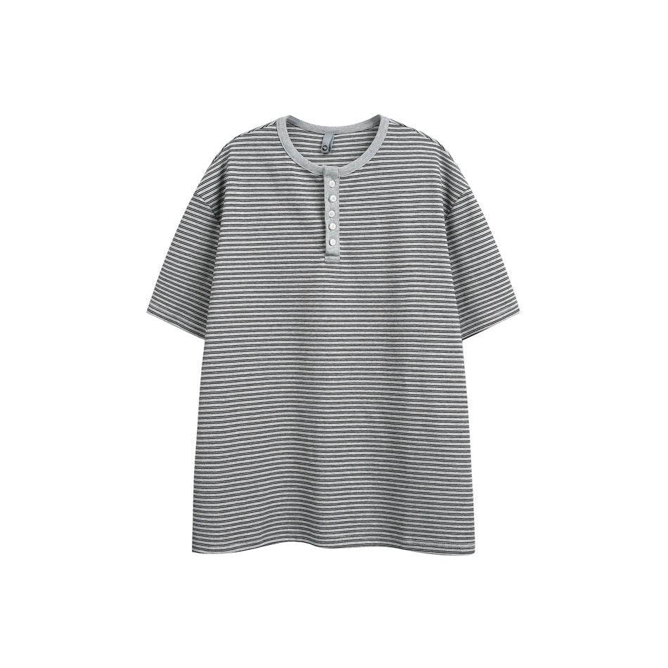 Front view of a gray short-sleeve henley with fine dark horizontal stripes and a gray button placket.
