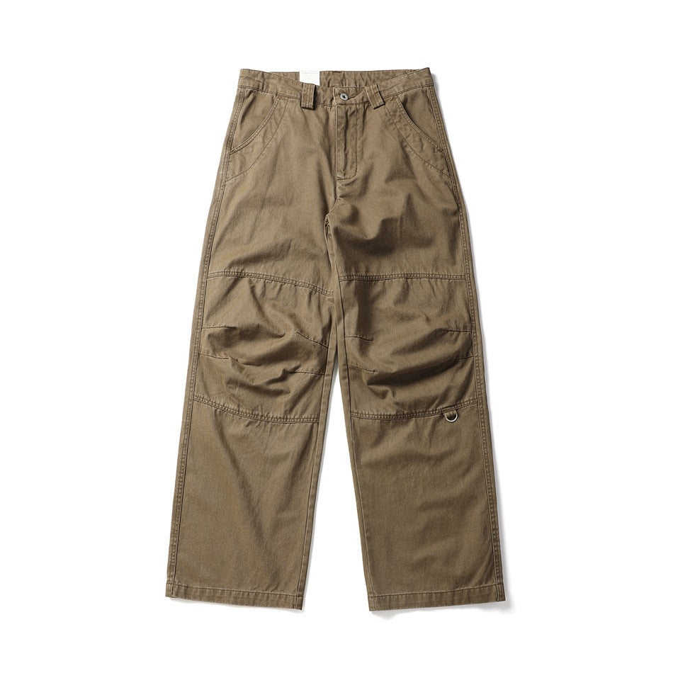 Front view of brown wide-leg work pants with stitched knee panels, slanted pockets and a D-ring detail