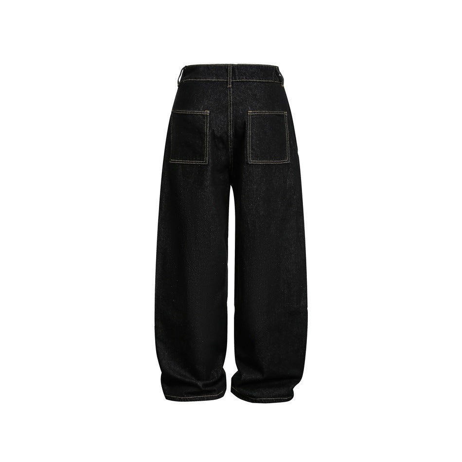 Back view of black wide-leg jeans with contrast stitching and two square rear pockets.