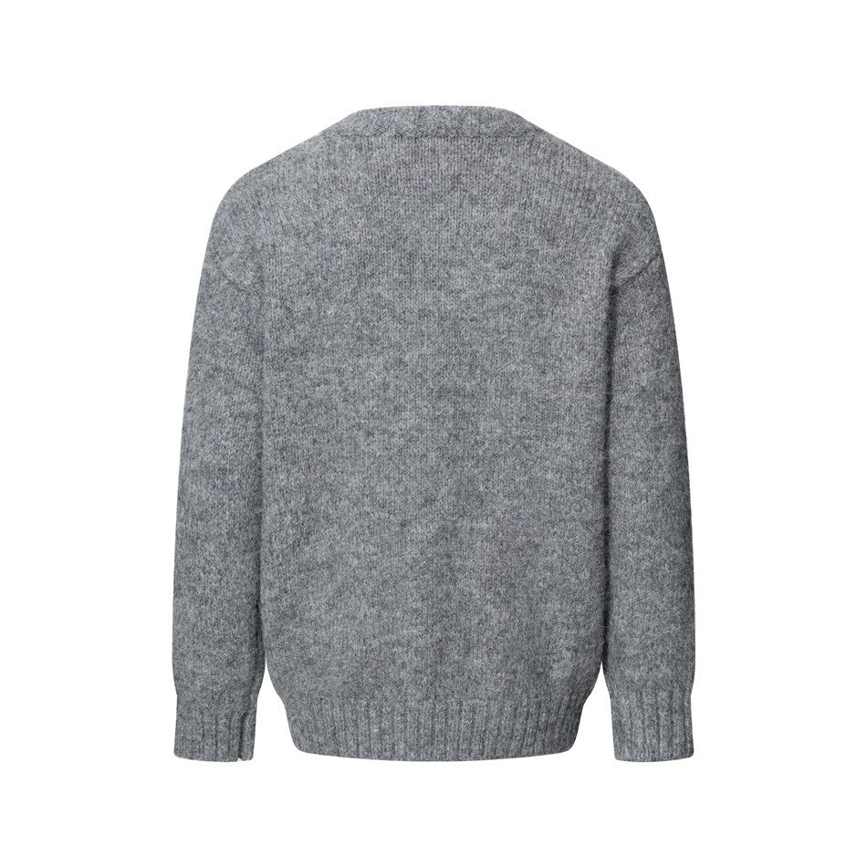 Back view of gray knit cardigan with ribbed cuffs and hem and a slightly dropped shoulder line
