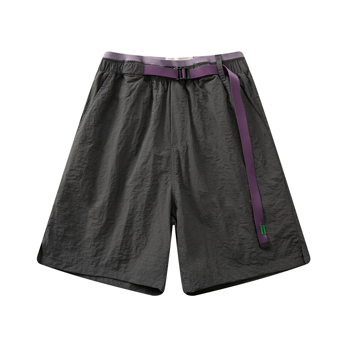 Dark gray knee-length shorts with purple contrast waistband and purple webbing belt, front flat view