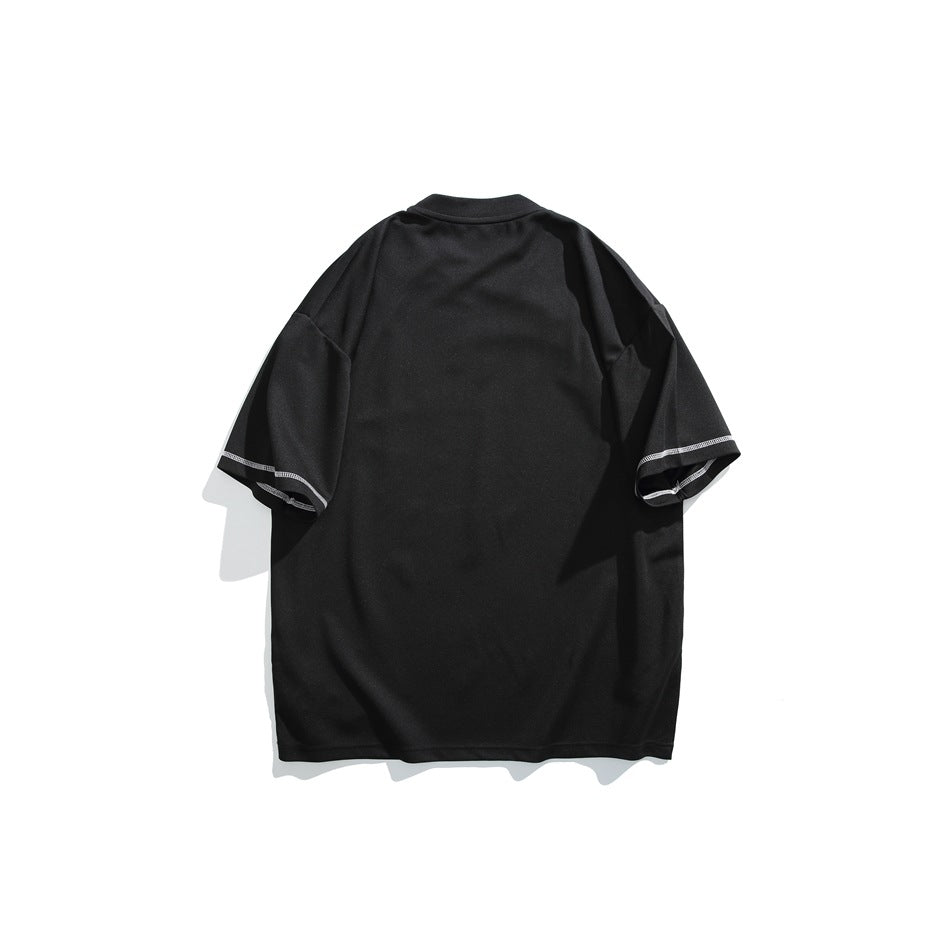 Back view of a black short-sleeved T-shirt with a crew neck and light contrast stitching at the sleeve hems.