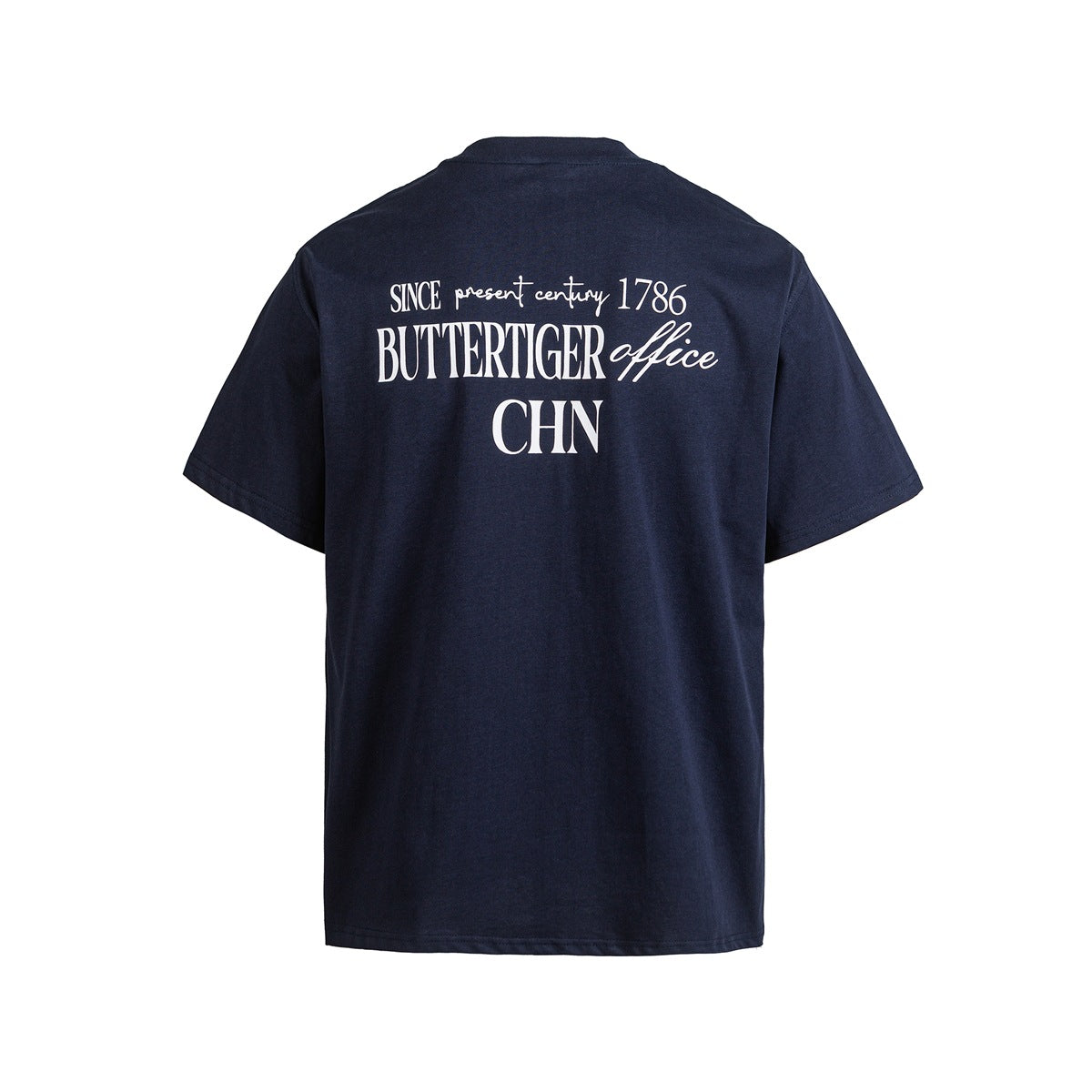 Back view of a navy short-sleeve T-shirt with a large white text print across the upper back.