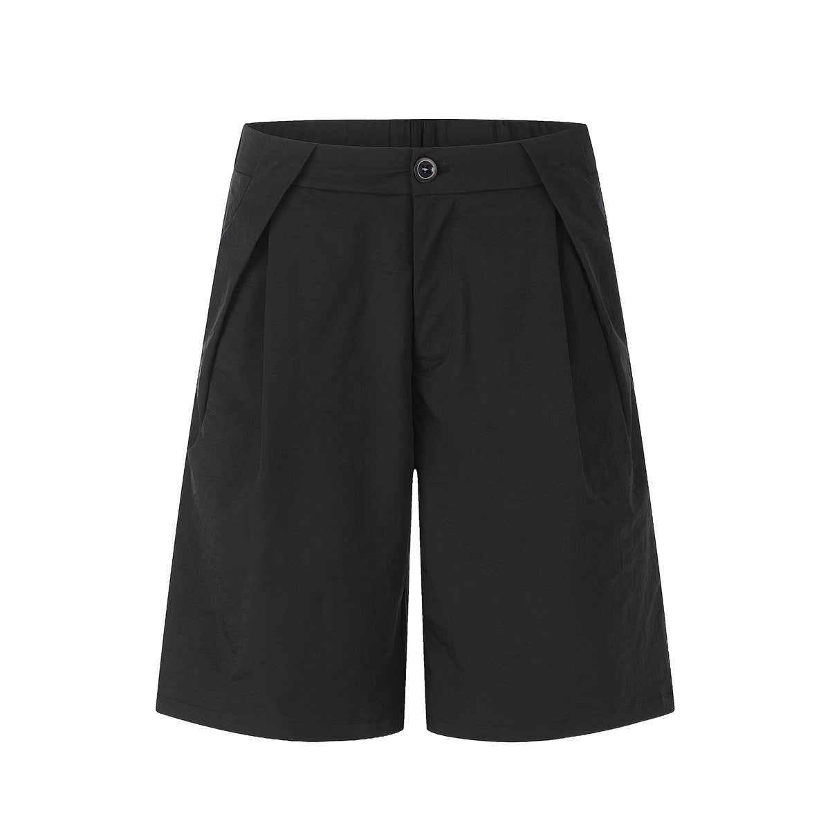 Front view of black pleated knee-length shorts with a single button, fly front and wide straight legs