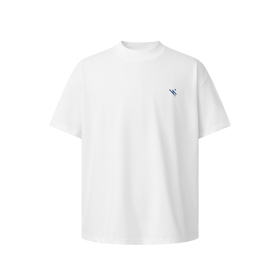 Front view of a white short-sleeve crew-neck T-shirt with a small navy-and-blue chest emblem.