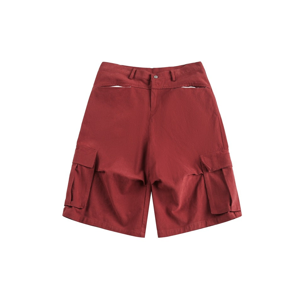 Red knee-length cargo shorts, front flat lay with side flap pockets and small slits at the front yoke