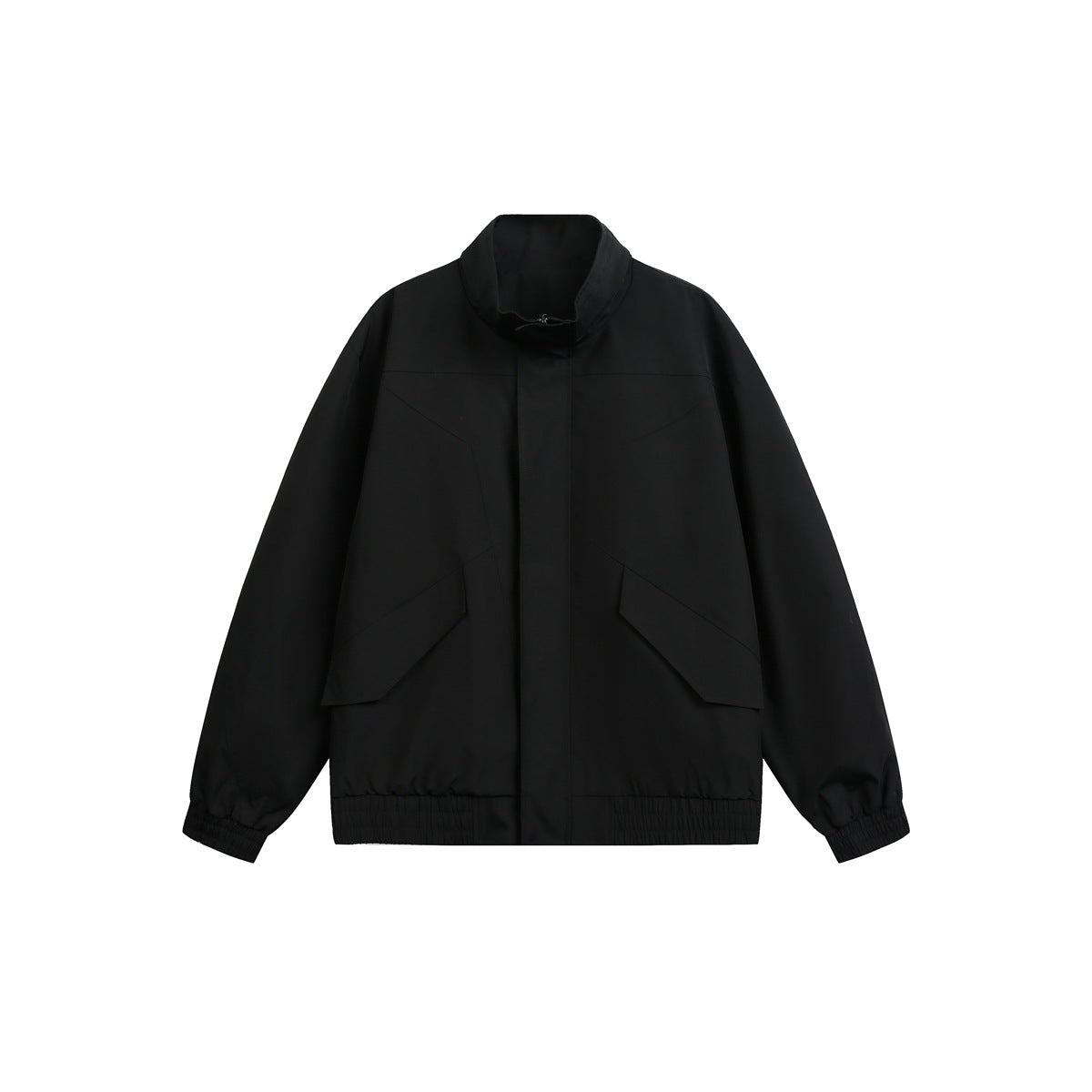 Black stand-collar zip jacket with angled flap pockets and elastic cuffs and hem, flat front view