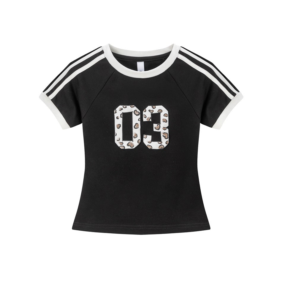 Black short-sleeve tee with white ringer trim, shoulder stripes and a leopard-print 03 graphic on the chest