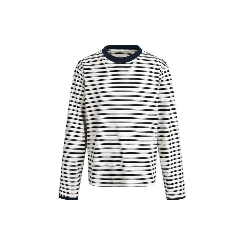 Front view of a white long-sleeve shirt with thin navy horizontal stripes and a solid navy crew neck and cuffs.