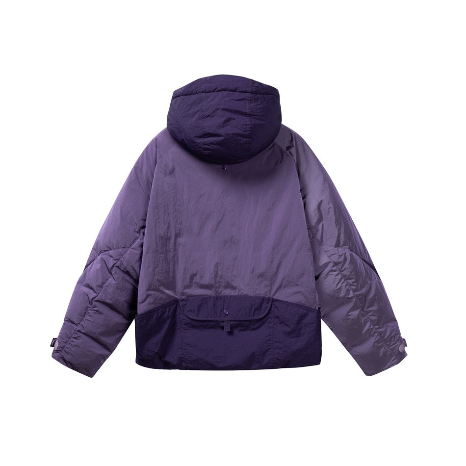 Back view of a purple hooded jacket with a dark contrast lower panel and flap pocket.