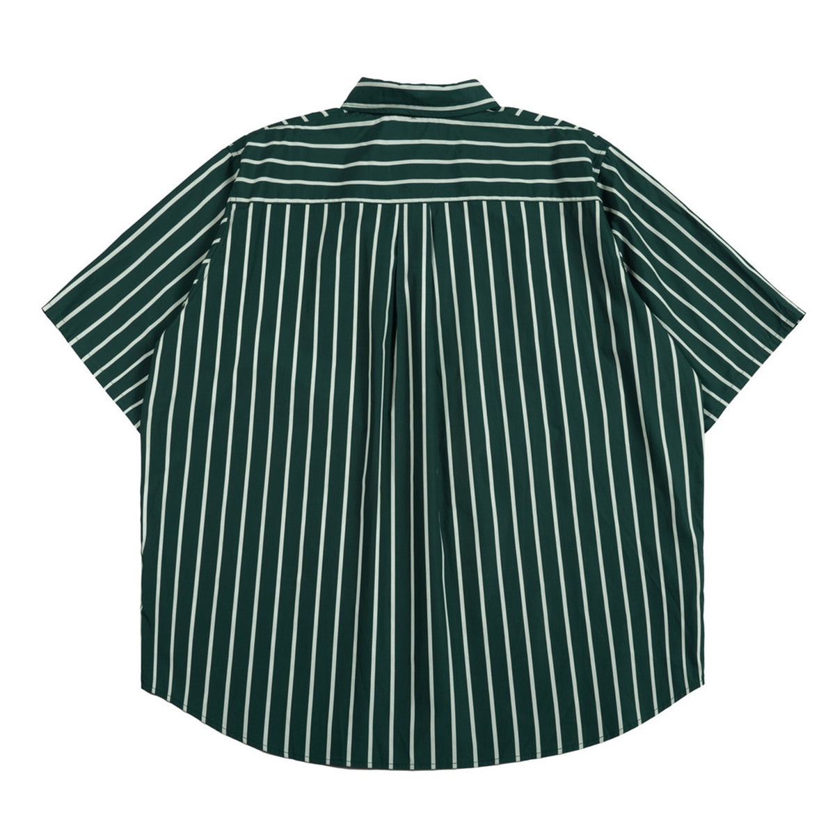 Back of dark green striped short-sleeve shirt with horizontal-striped yoke and center pleat, flat lay