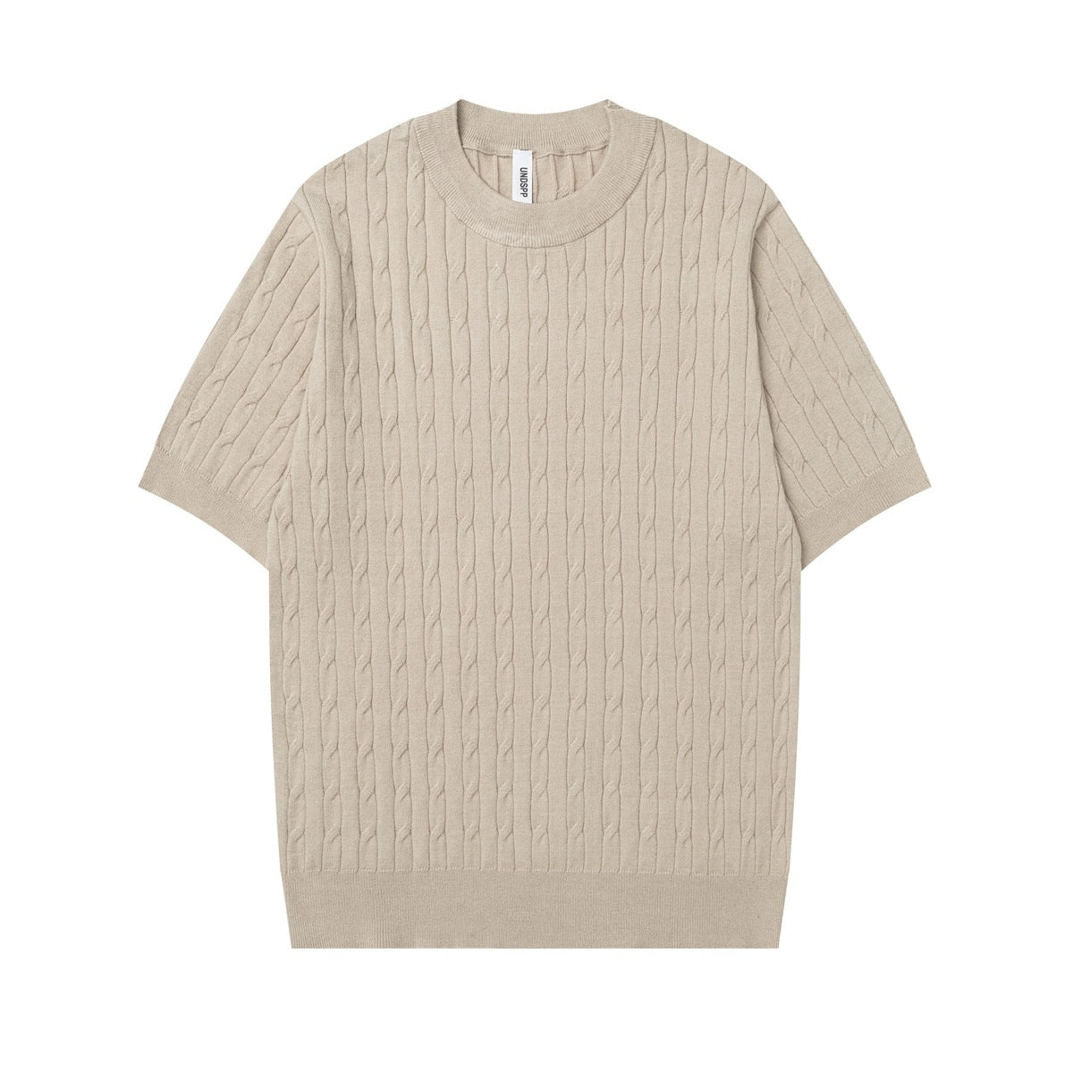 Apricot beige cable-knit short-sleeve crew-neck top, flat front view