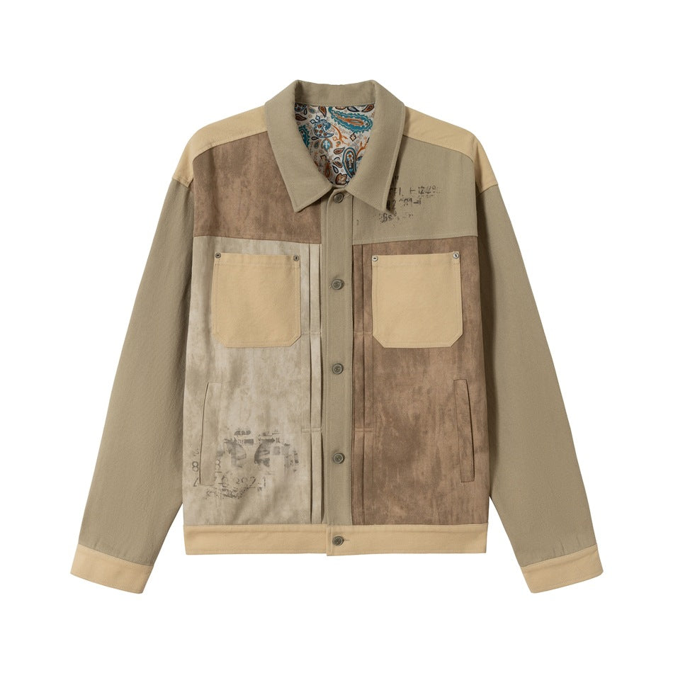 Khaki, tan and brown patchwork button-front jacket with chest patch pockets and paisley collar underside, flat front view