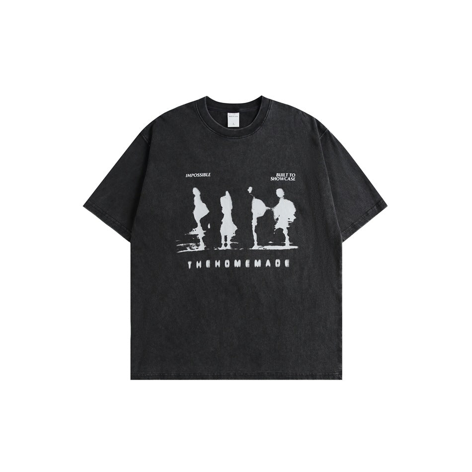 Washed black short-sleeve t-shirt with a white silhouette graphic and text print on the front