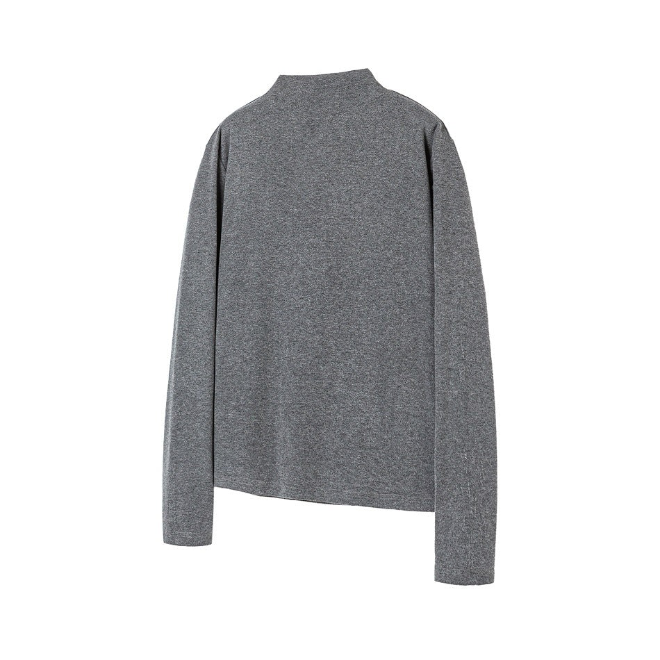 Gray heathered long-sleeve mock neck top, back view, laid flat on white background
