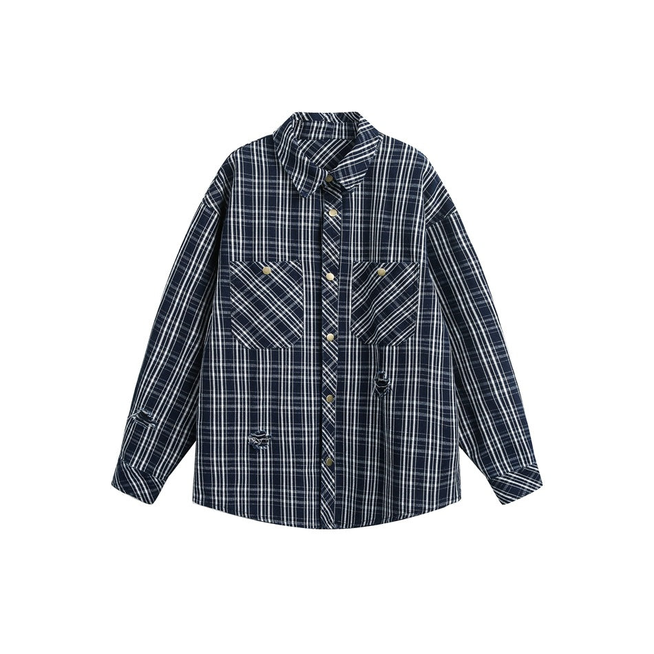 Navy and white plaid long-sleeve shirt flat front view with snap buttons, two chest pockets and distressed details