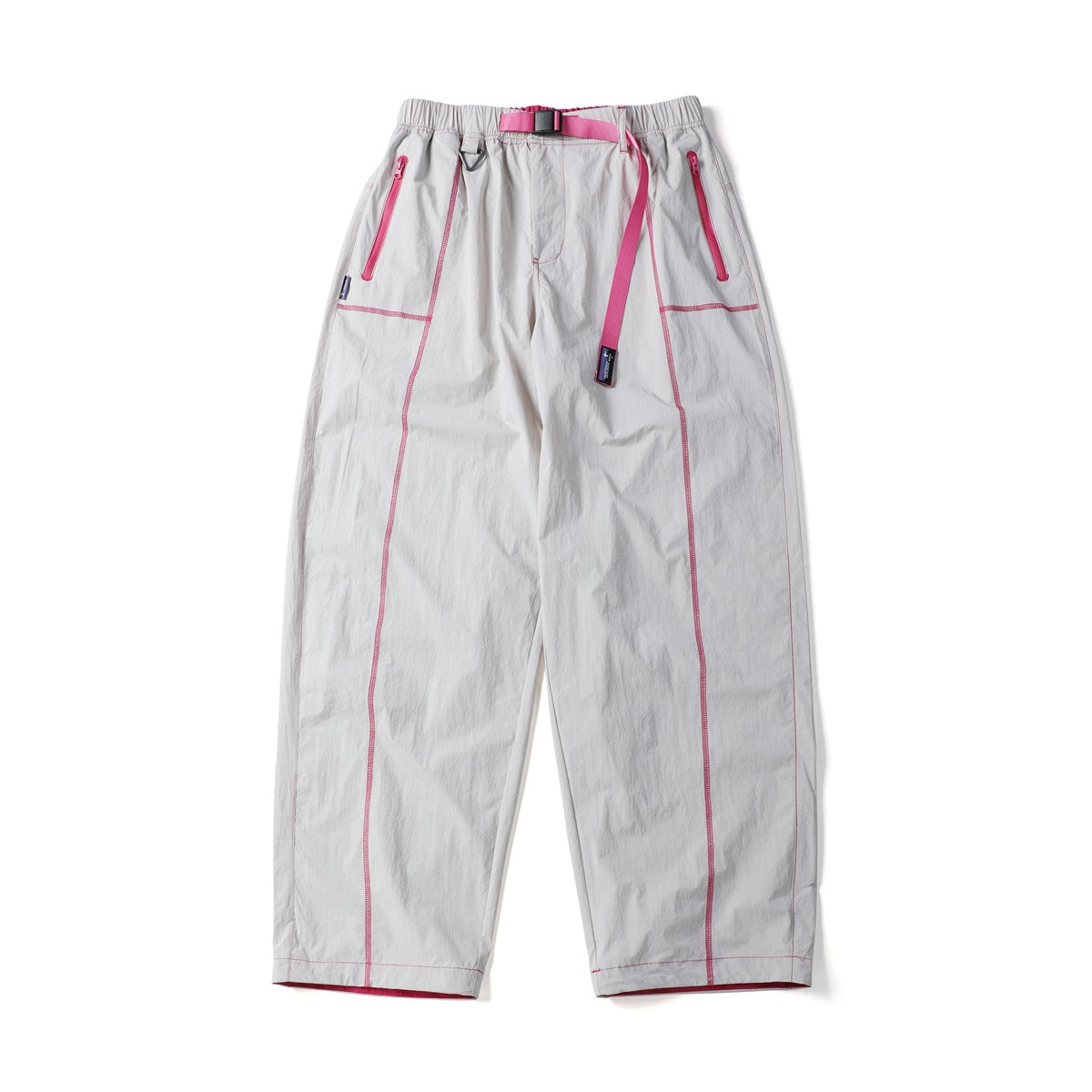 Light gray wide-leg pants with pink belt, zip pockets and contrast topstitching, flat lay front view