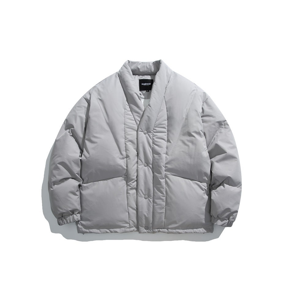 Gray padded kimono-style jacket with snap-button front and elastic cuffs, flat front view