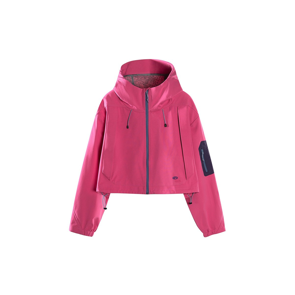 Rose pink cropped hooded zip jacket, front view, with gray-blue zipper and a dark navy sleeve pocket