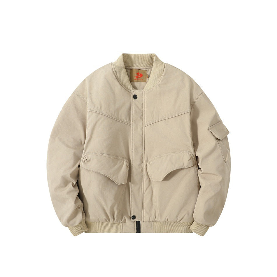 Front view of a beige jacket with a ribbed collar and cuffs, snap-covered front, two flap pockets, and a sleeve pocket.