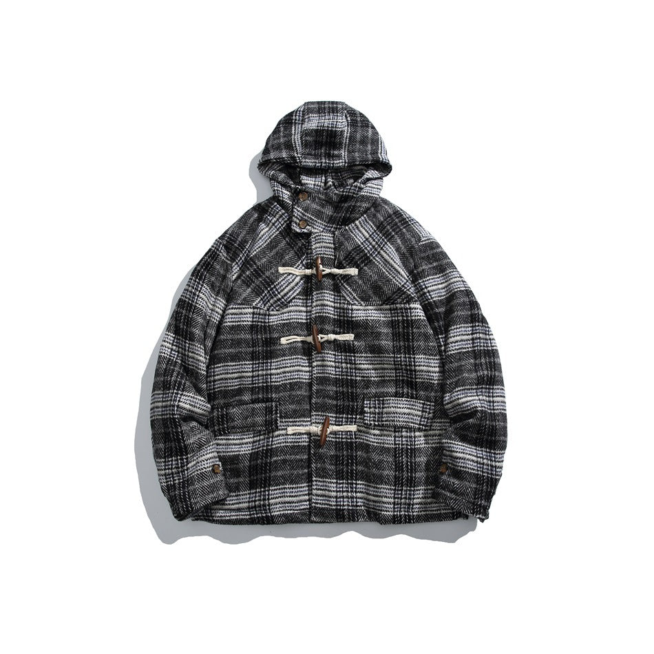 Black and gray plaid hooded jacket with toggle closures and flap pockets, flat lay front view