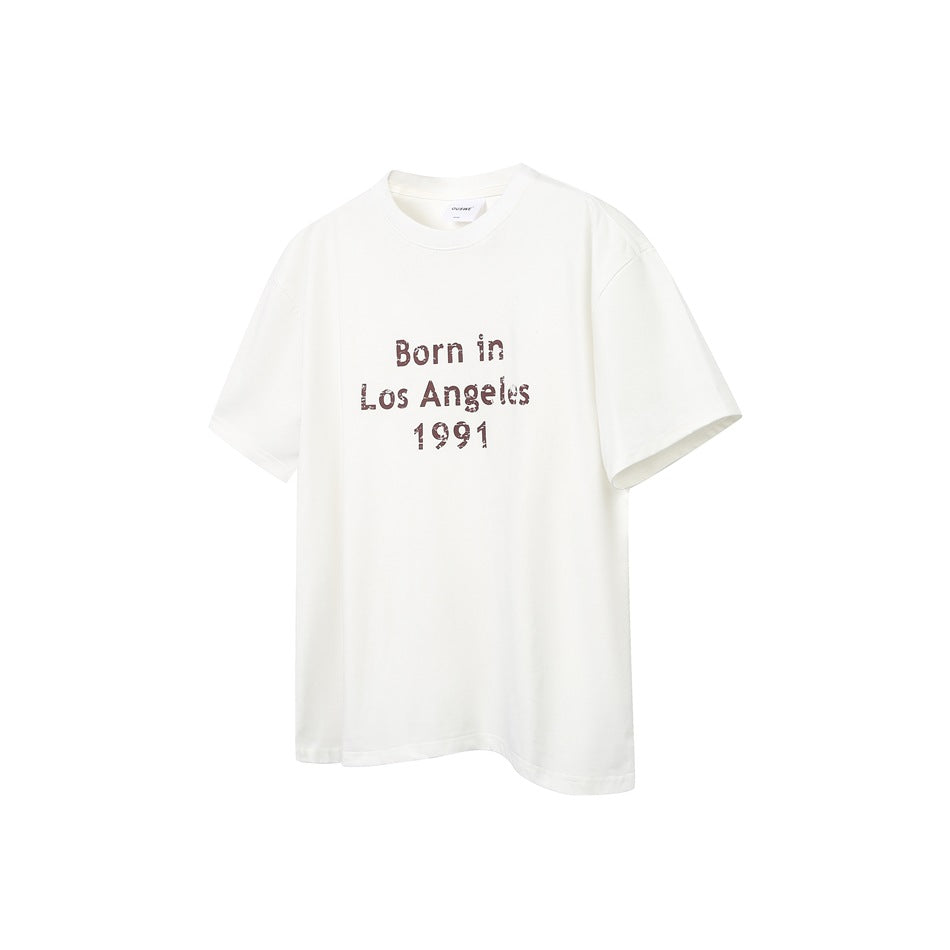 Off-white short-sleeve crewneck T-shirt with burgundy distressed 'Born in Los Angeles 1991' chest print
